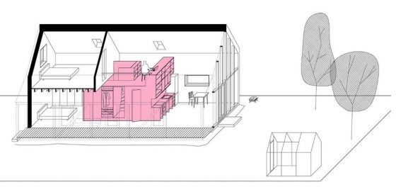 The 3D plan shows the wooden shelf (pink area)